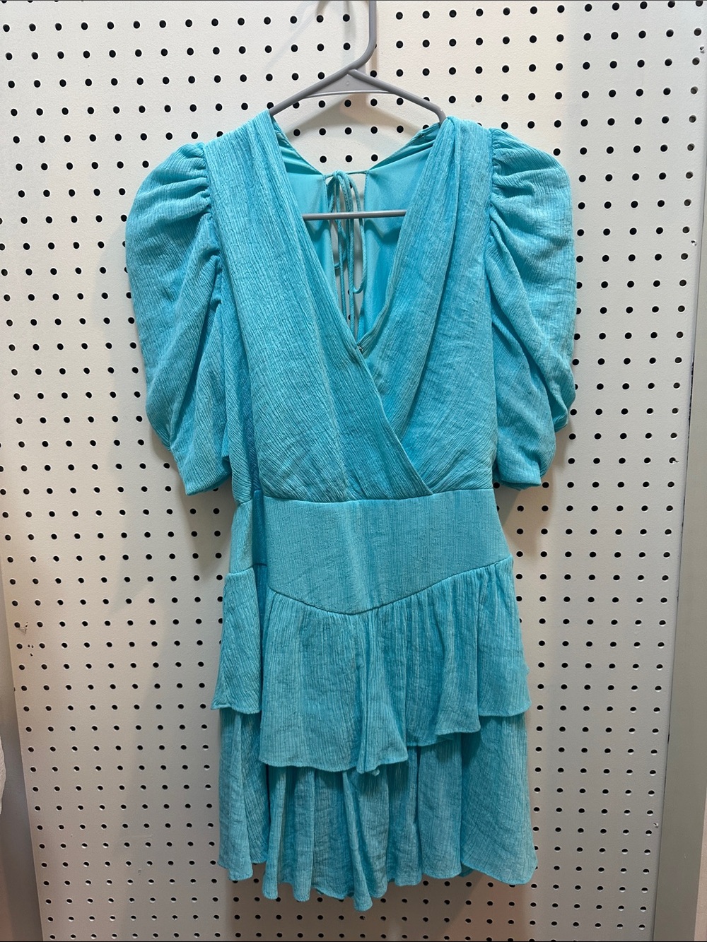 DO+BE Aqua Textured Tiered Wrap Mini Dress with Puff Sleeves